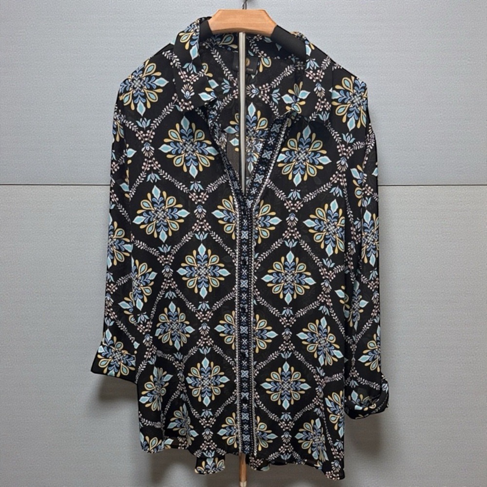 JM Collection Button Up Blouse Top Blue/Yellow Accents. Size XXL BOHO‎